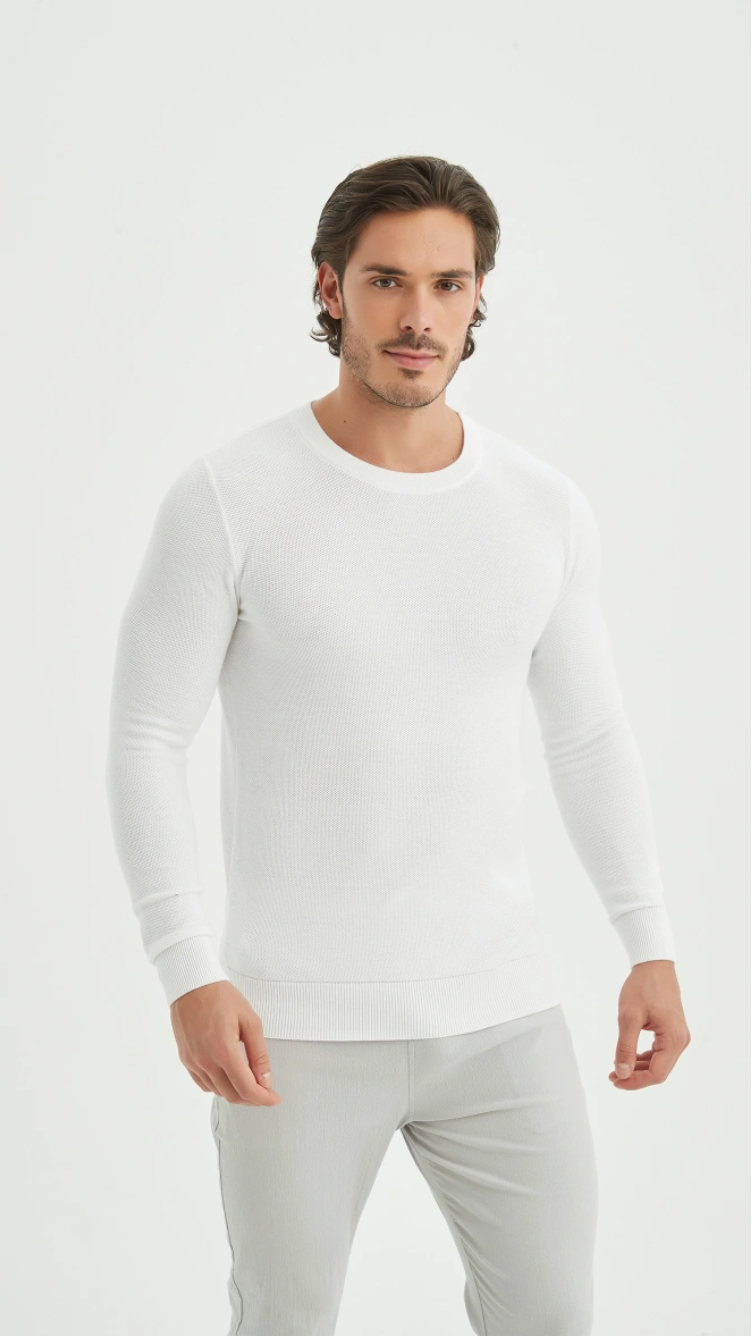 Pull col rond coton piqué Blanc