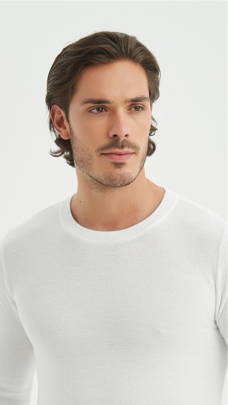 Pull col rond coton piqué Blanc