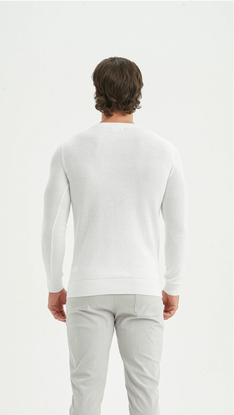 Pull col rond coton piqué Blanc