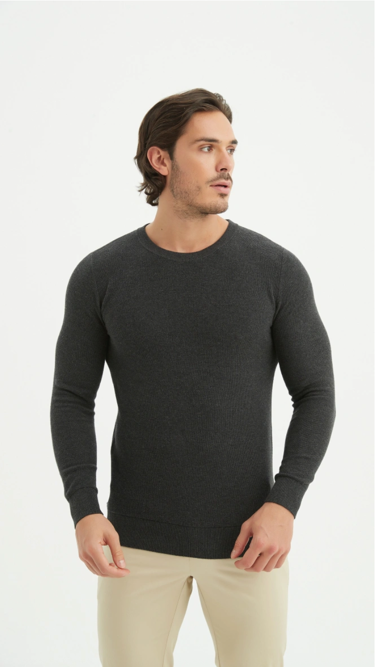 Pull col rond coton piqué Anthracite