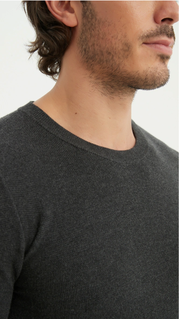 Pull col rond coton piqué Anthracite