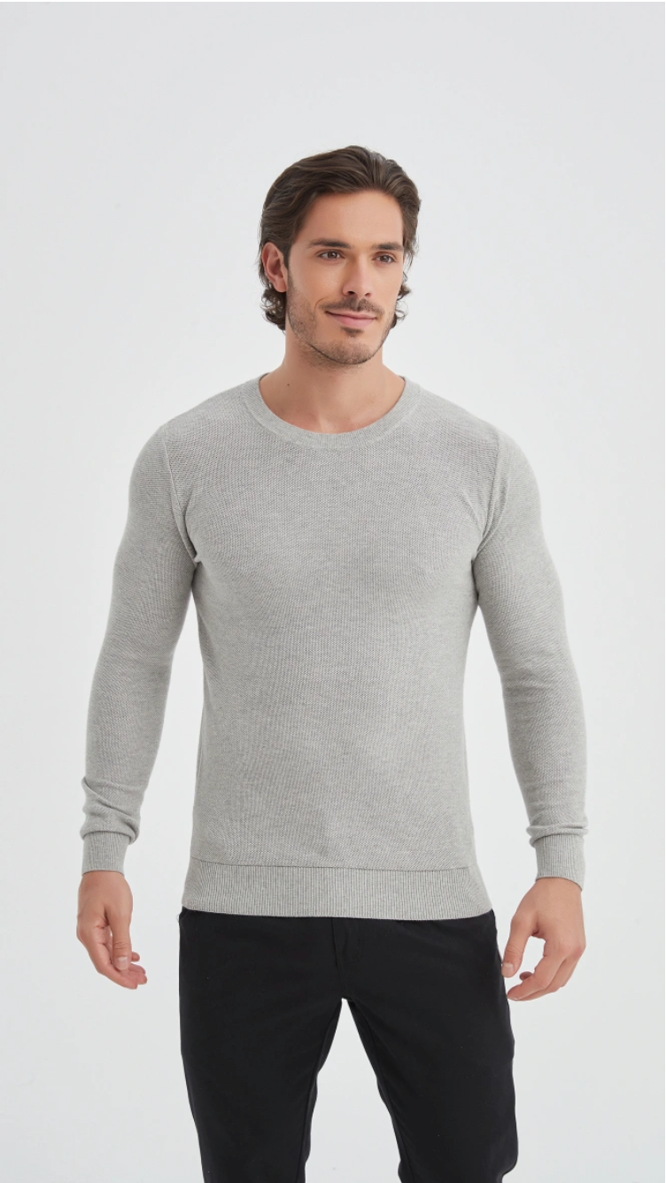 Pull col rond coton piqué Gris
