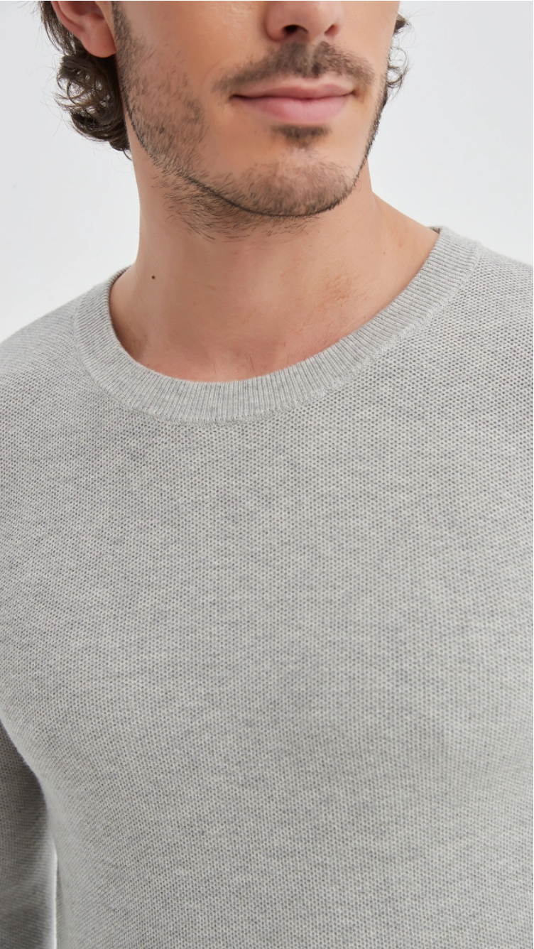 Pull col rond coton piqué Gris