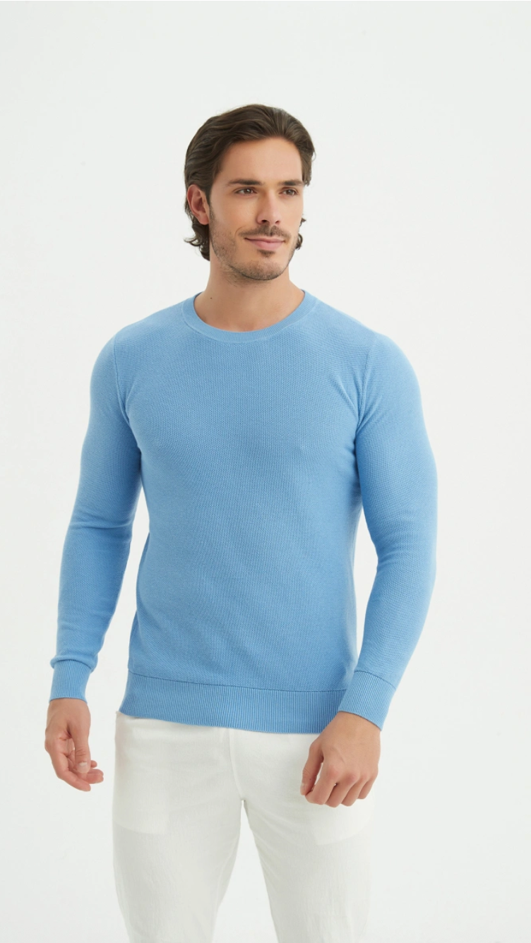 Pull col rond coton piqué Bleu