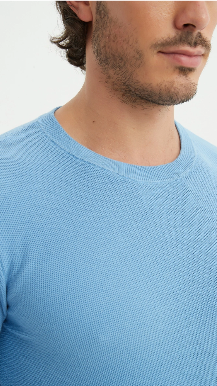 Pull col rond coton piqué Bleu