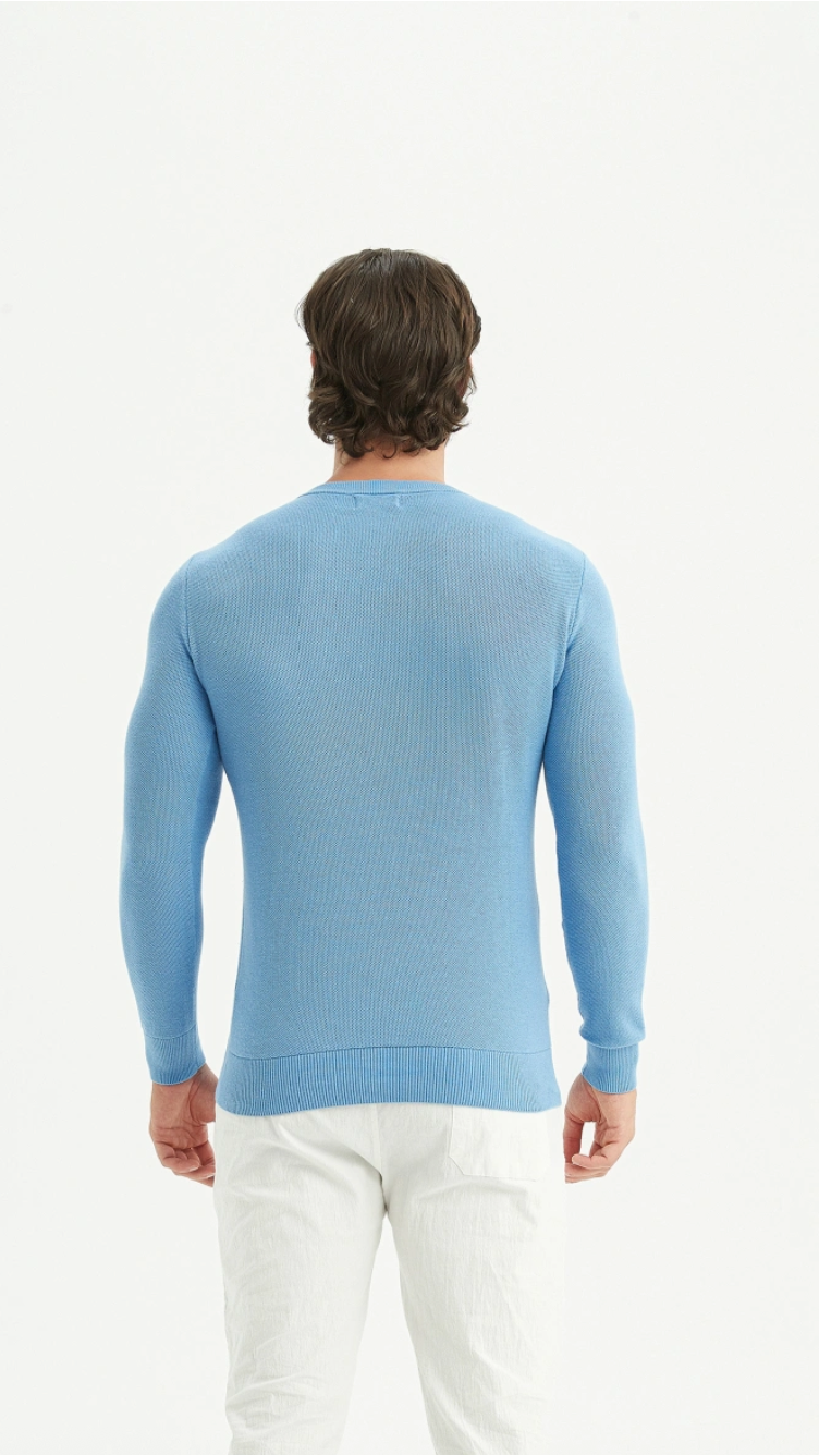 Pull col rond coton piqué Bleu