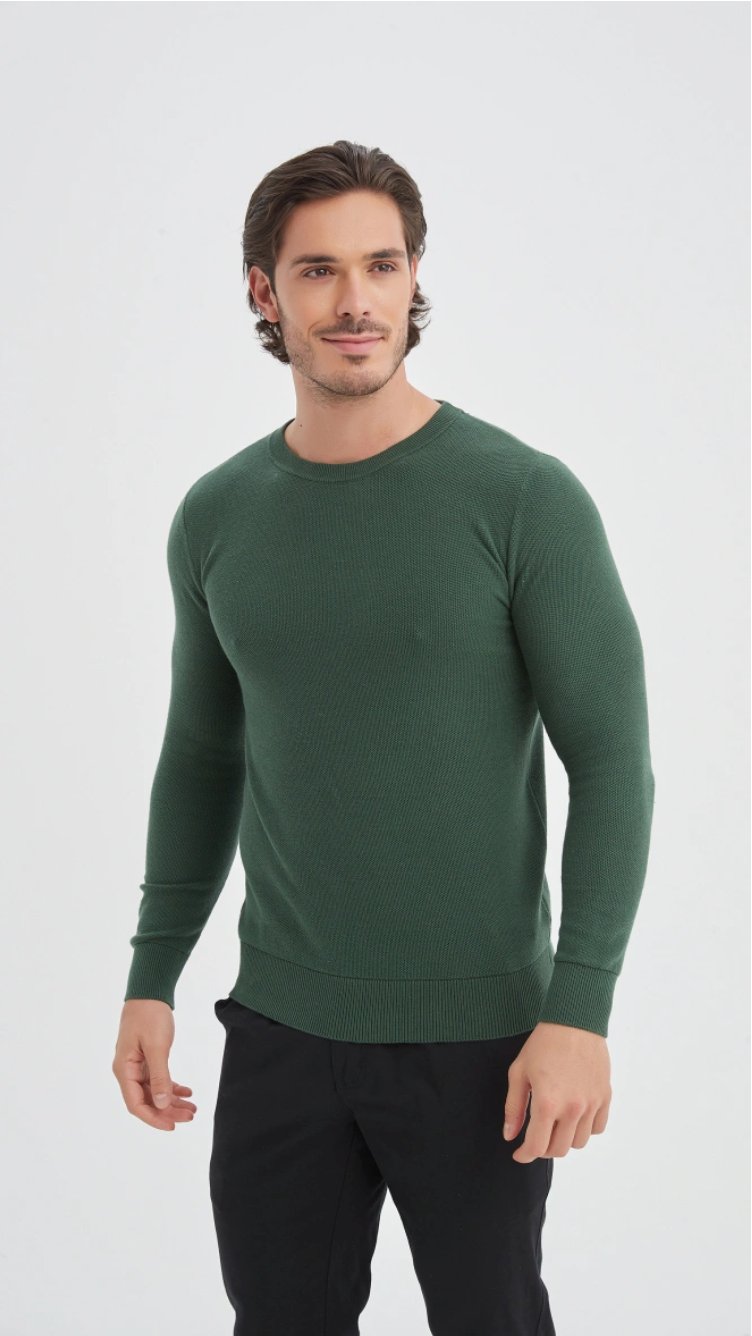 Pull col rond coton piqué Vert Bouteille