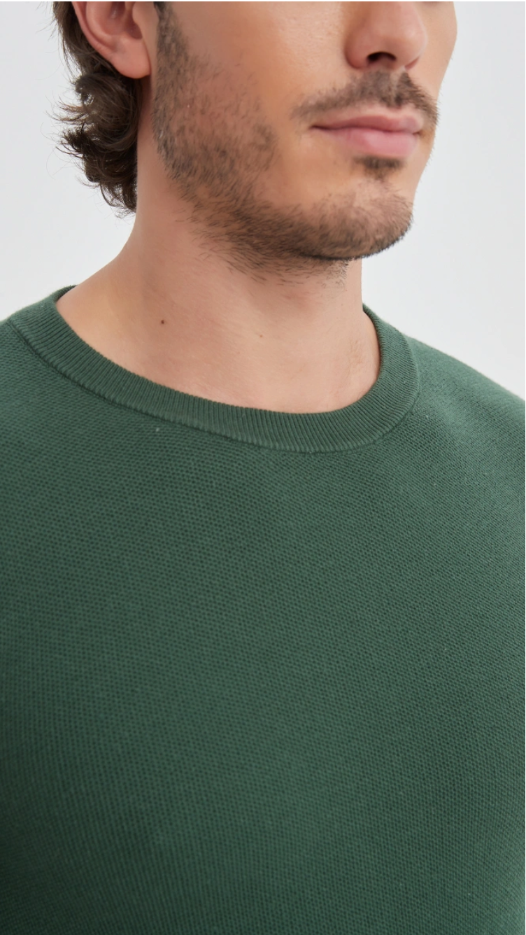 Pull col rond coton piqué Vert Bouteille
