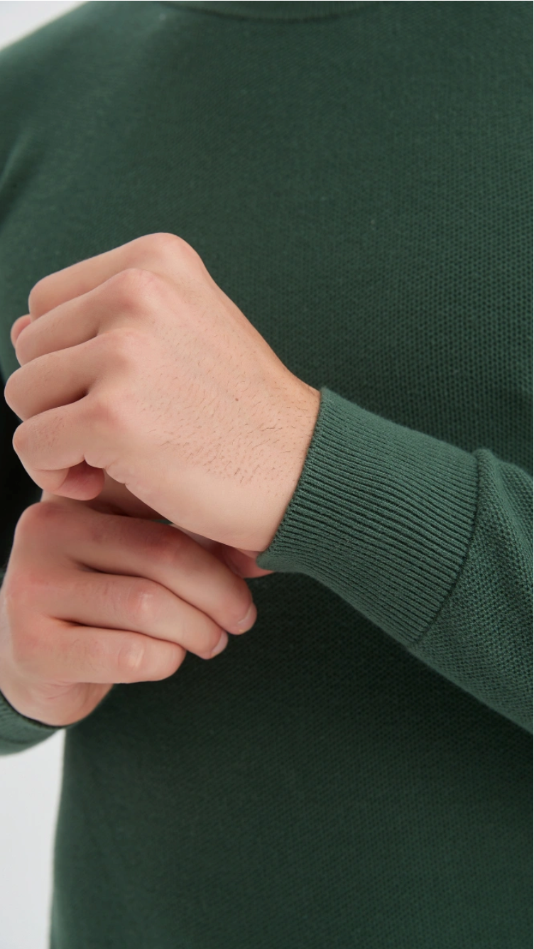 Pull col rond coton piqué Vert Bouteille