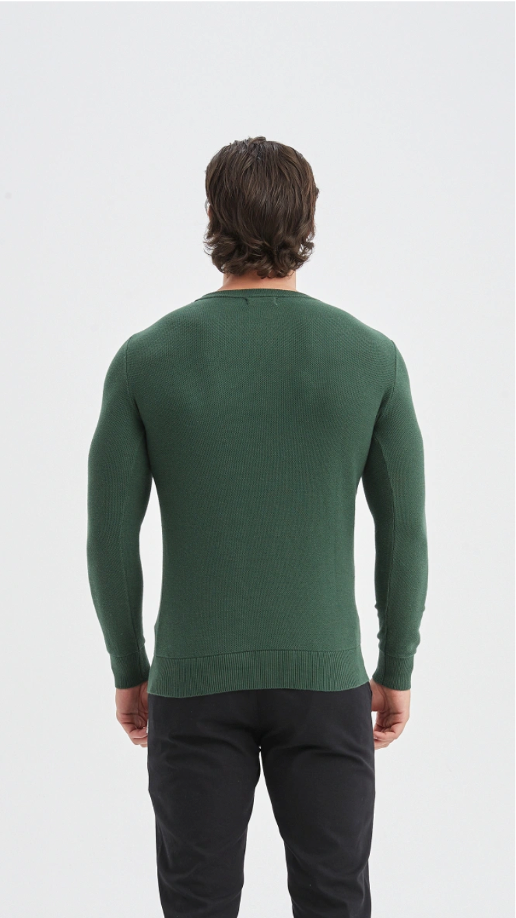 Pull col rond coton piqué Vert Bouteille